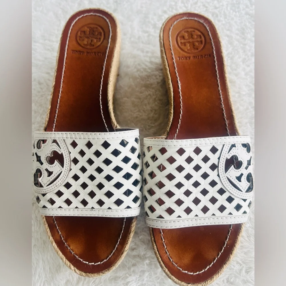Tory Burch Sz 9 White Leather Logo Espadrille Wedge Platform Sandals Slide
